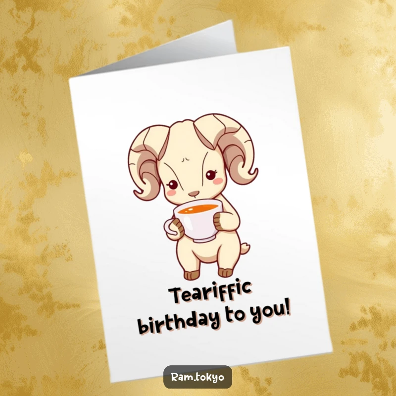 Funny Free Printable Birthday Card of a ram with dot eyes bowing politely while holding a delicate tea cup.