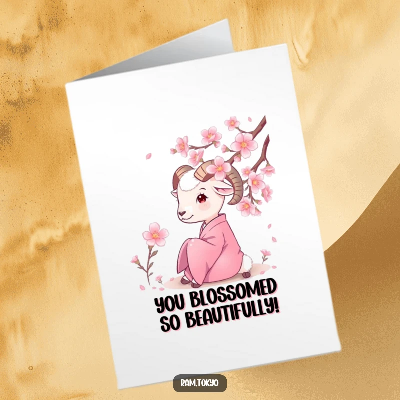 Funny Free Printable congratulations card featuring a ram in a silk kimono admiring a delicate cherry blossom, symbolizing growth.
