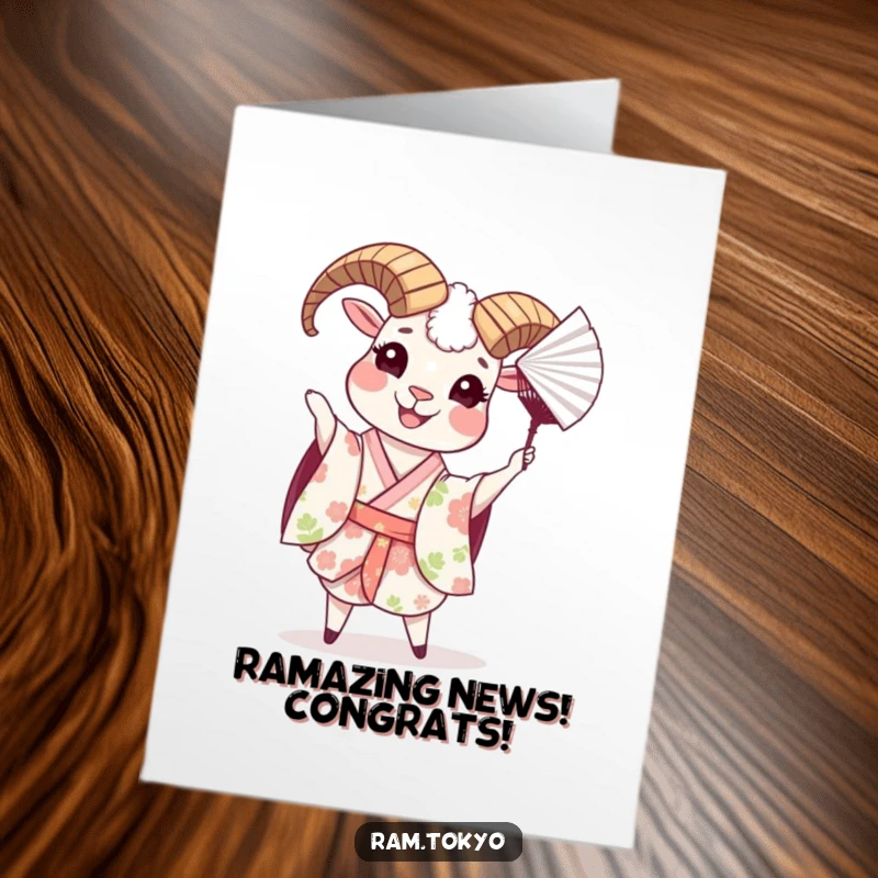 Funny Free Printable Congratulations Card: Cheerful Ram in Floral Kimono Tossing Paper Fan, Celebration Card