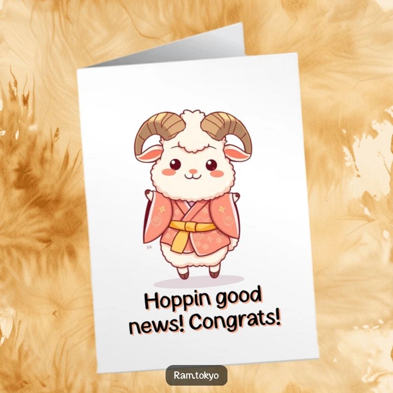 Free Printable Congratulations Card: Fluffy Ram in Festive Kimono Doing a Happy Hop, Joyful Card