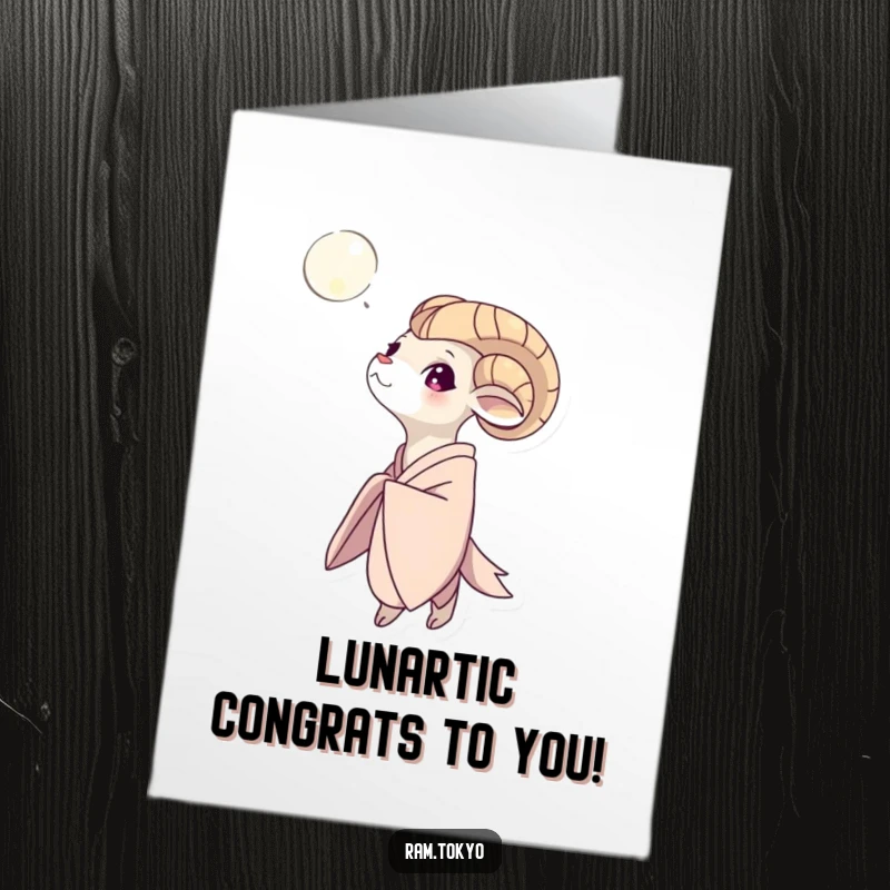 Funny Free Printable Congratulations Card of a ram in a flowing kimono looking thoughtfully at the moon, celebrating success.
