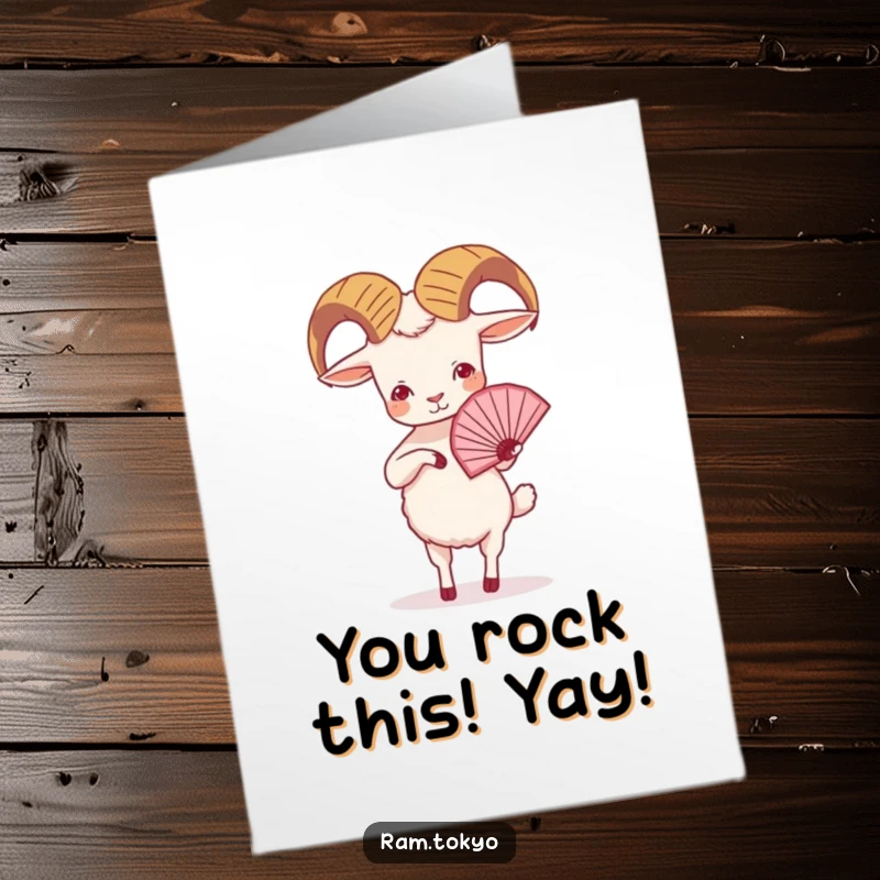Funny Free Printable Congratulations Card of a small ram with tiny legs gracefully executing a beautiful fan dance for achievments.
