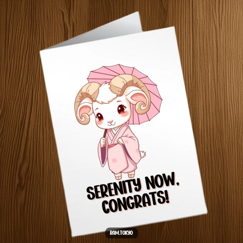 Free Printable Congratulations Card: Serene Ram in Silk Kimono Holding Delicate Umbrella, Elegant Card