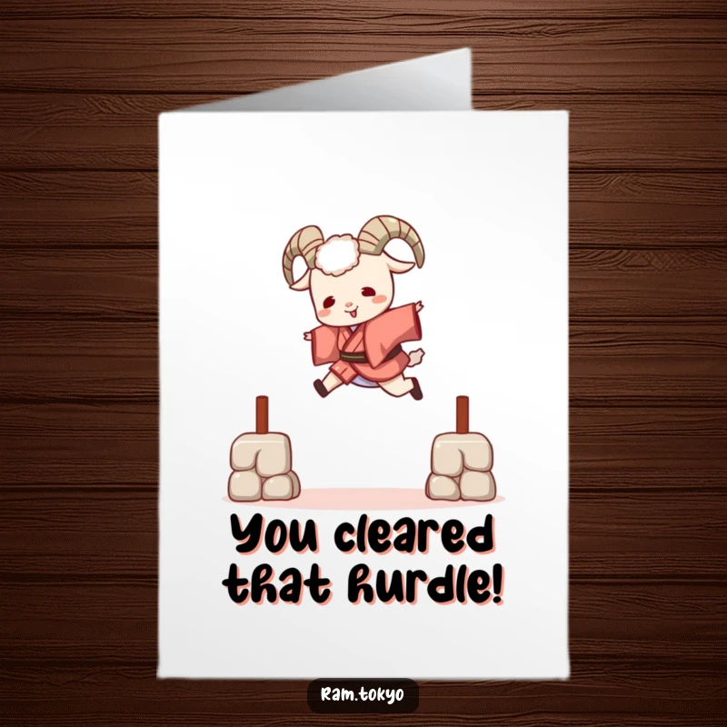Funny Free Printable congratulations card showing a ram in a short kimono triumphantly leaping over a barrier, celebrating a win.