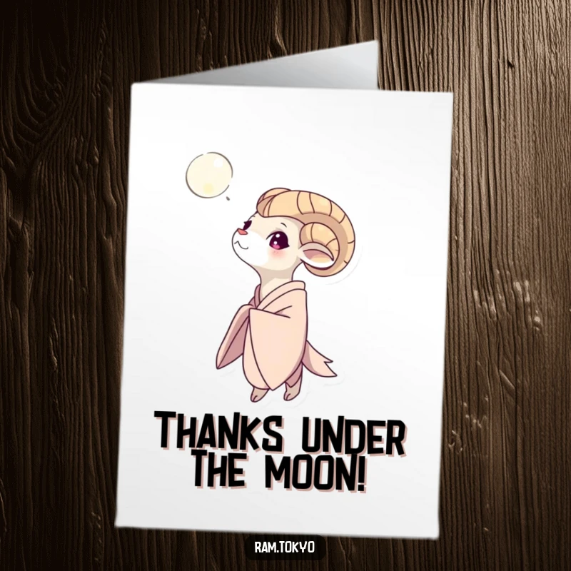 Funny Free Printable Thank You Card of a ram in a kimono contemplating the moon, conveying deep appreciation.