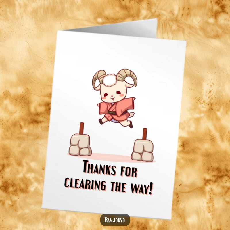 Funny Free Printable thank you card featuring a ram in a short kimono joyfully leaping over a small barrier, filled with thanks.