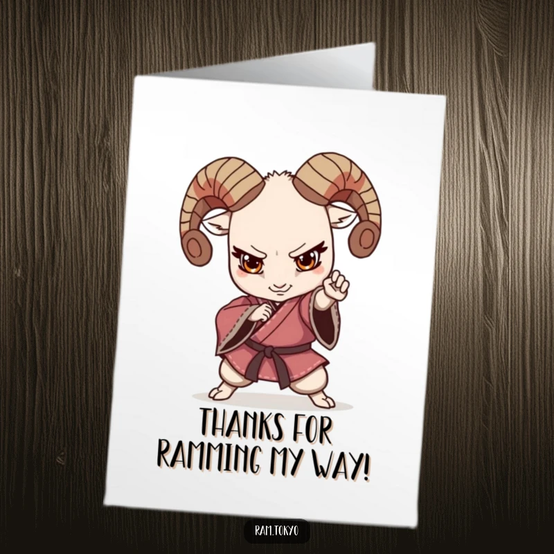 Funny Free Printable thank you card with a ram in a kimono executing a powerful martial arts stance, expressing gratitude.