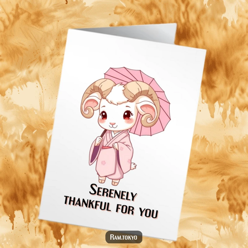 Free Printable Thank You Card: Serene Ram in Silk Kimono Holding Delicate Umbrella, Grateful Message
