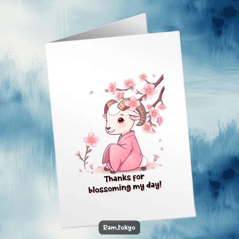Funny Free Printable thank you card with a ram in a silk kimono appreciating a beautiful cherry blossom, conveying thanks.