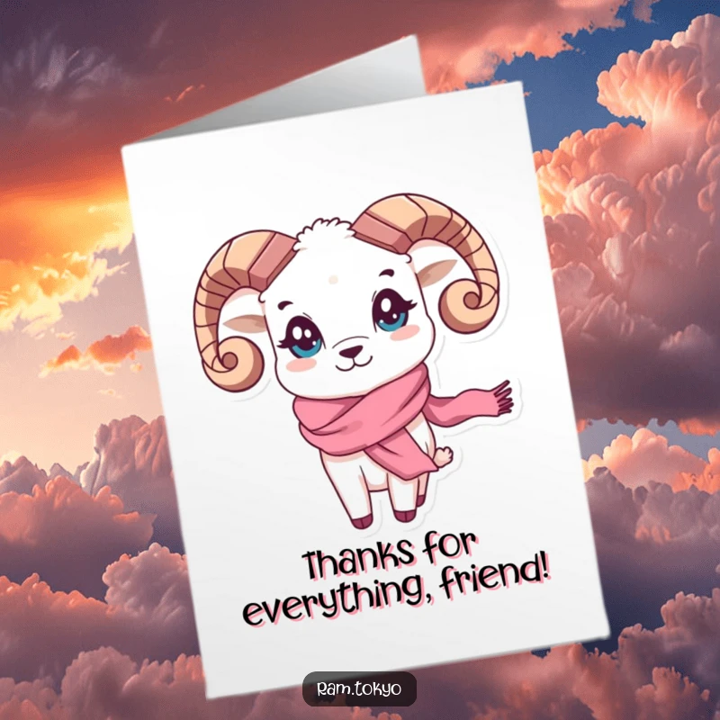 Funny Free Printable Thank You Card of a stylish ram with playful eyes and a silk scarf, waving a thank you.