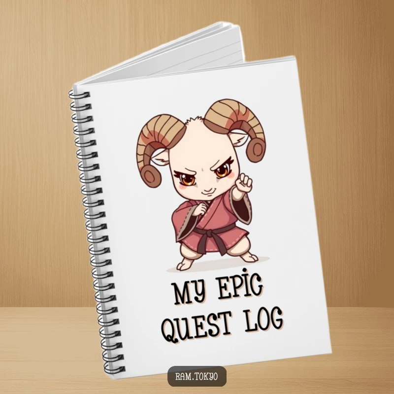 Funny Kimono Ram Notebook featuring a ram in a martial arts stance, wearing a kimono, ready to inspire humorous writing.