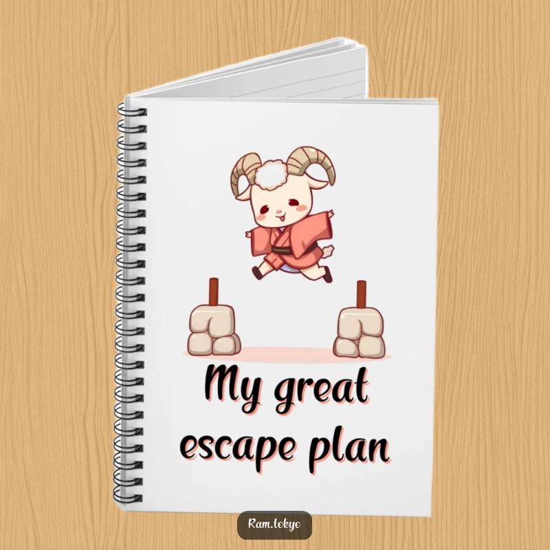 Funny Playful Ram Kimono Notebook featuring a ram in a short kimono leaping over a barrier, inspiring playful writing.