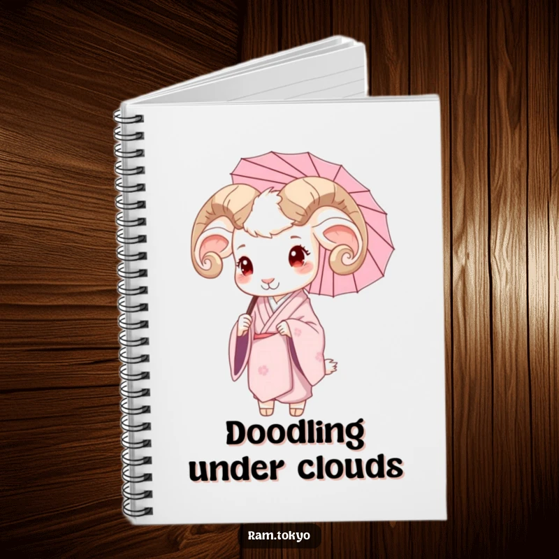 Funny notebook with a serene ram in a silk kimono, holding a delicate umbrella, ideal for journaling.