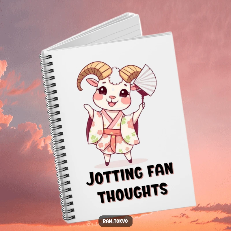 Funny notebook with a happy ram in a floral kimono, playfully tossing a paper fan, ready for your notes.