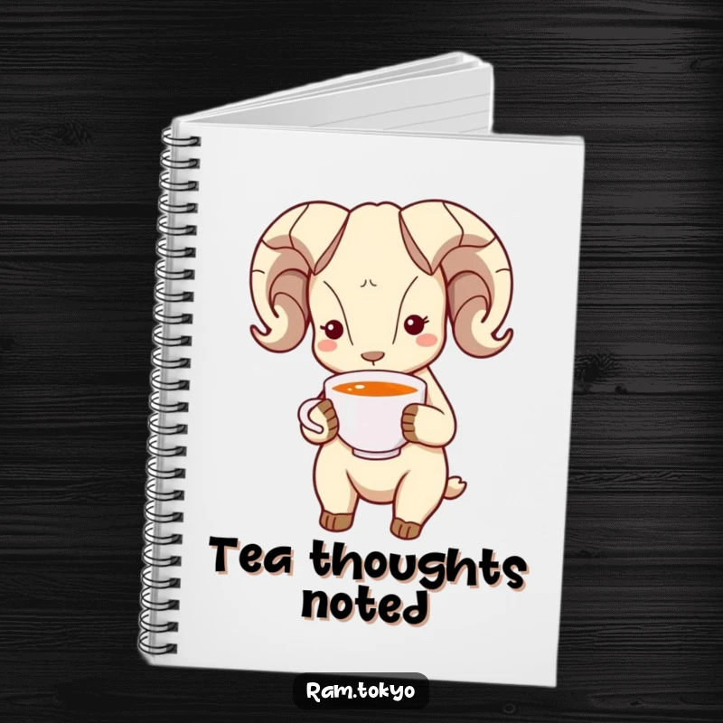 Funny Bowing Ram Notebook: Ram with simple dot eyes bowing politely and holding a tea cup, perfect for journaling.