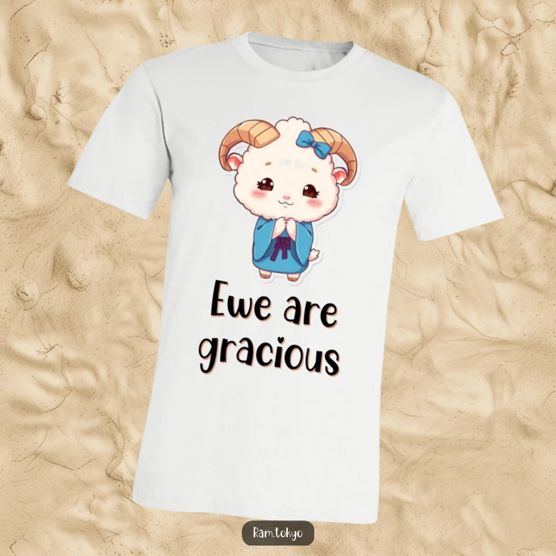 Funny Ram Kimono T-Shirt with a cute, fluffy ram in a blue kimono executing a graceful, polite bow.