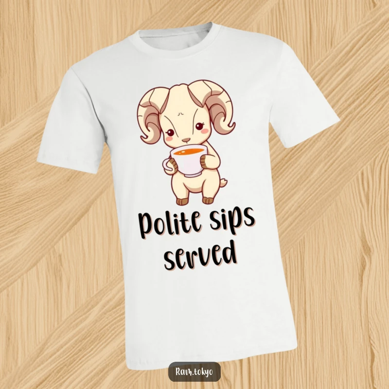 Funny Bowing Ram T-Shirt: A ram with minimalist dot eyes bowing respectfully while offering a steaming cup of tea.