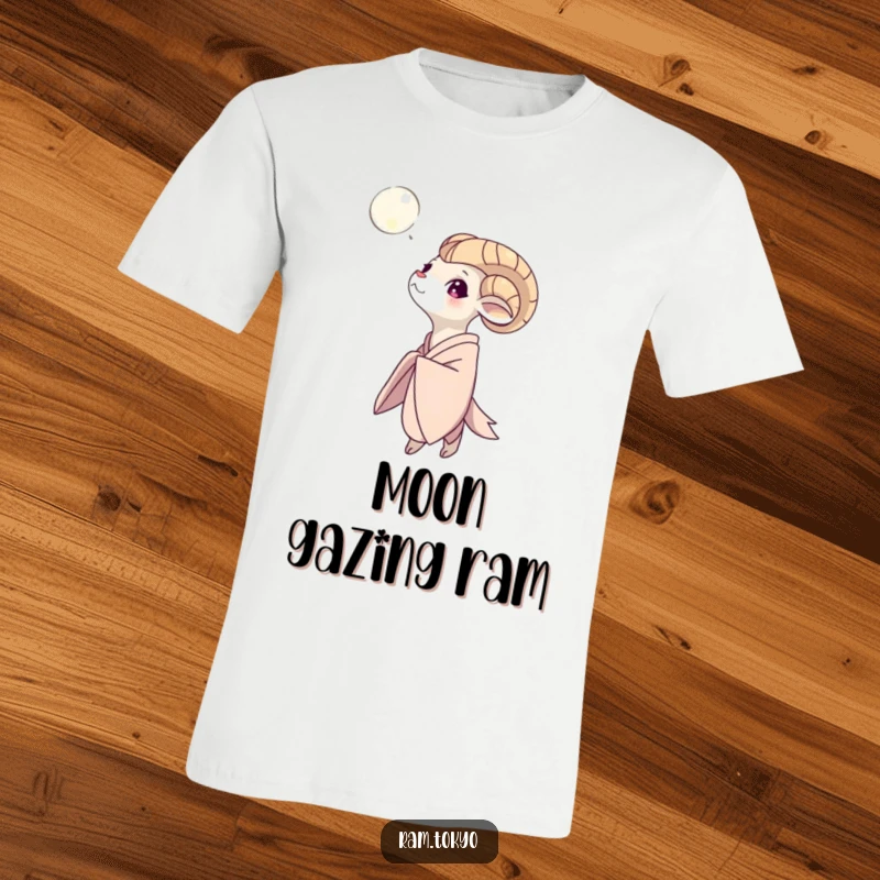 Funny Moon Gazing Ram T-Shirt: Ram character wearing a flowing kimono, peacefully looking up at a majestic night sky and moon.