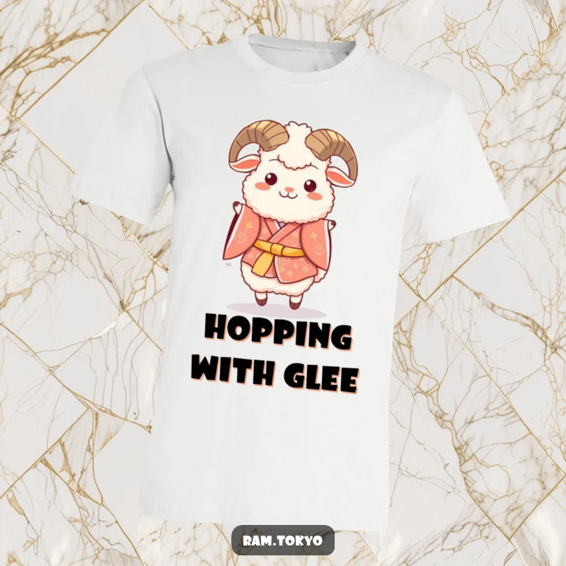 Funny t-shirt of a fluffy ram in a festive kimono, captured mid-hop with pure joy and celebration.