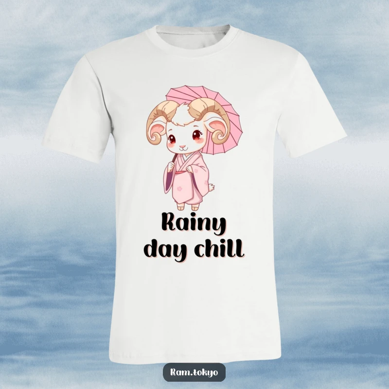 Funny t-shirt featuring a serene ram in a traditional silk kimono, holding a delicate umbrella with a peaceful expression.