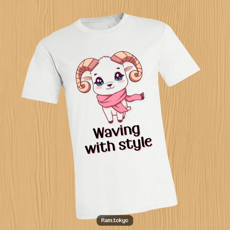 Funny Waving Scarf Ram T-Shirt: A ram with mischievous eyes and a flowing silk scarf joyfully waving, exuding playful charm.