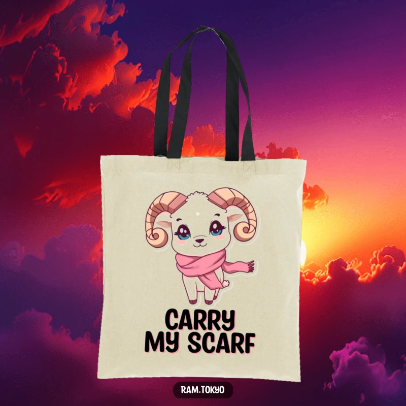 Funny Waving Scarf Ram Tote Bag: A ram with playful eyes and a flowing silk scarf enthusiastically waving, perfect for carrying your items.