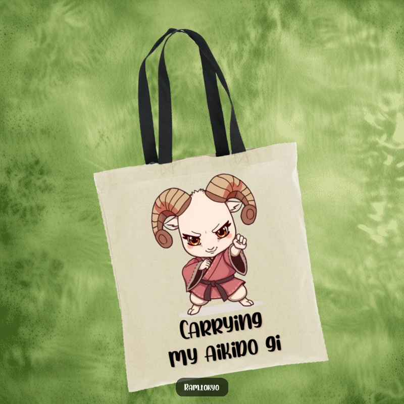 Funny Kimono Ram Tote Bag illustrating a ram in a martial arts pose, dressed in a kimono, embodying strength and humor.