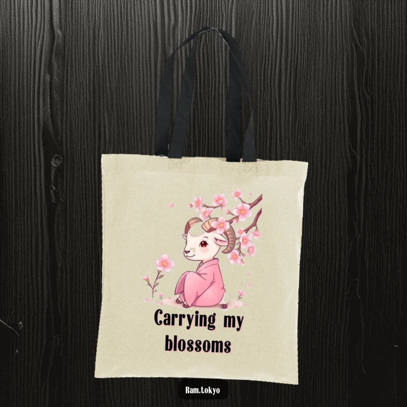 Funny Silk Kimono Ram Tote Bag illustrating a ram in a kimono admiring a cherry blossom tree, blending nature and humor.