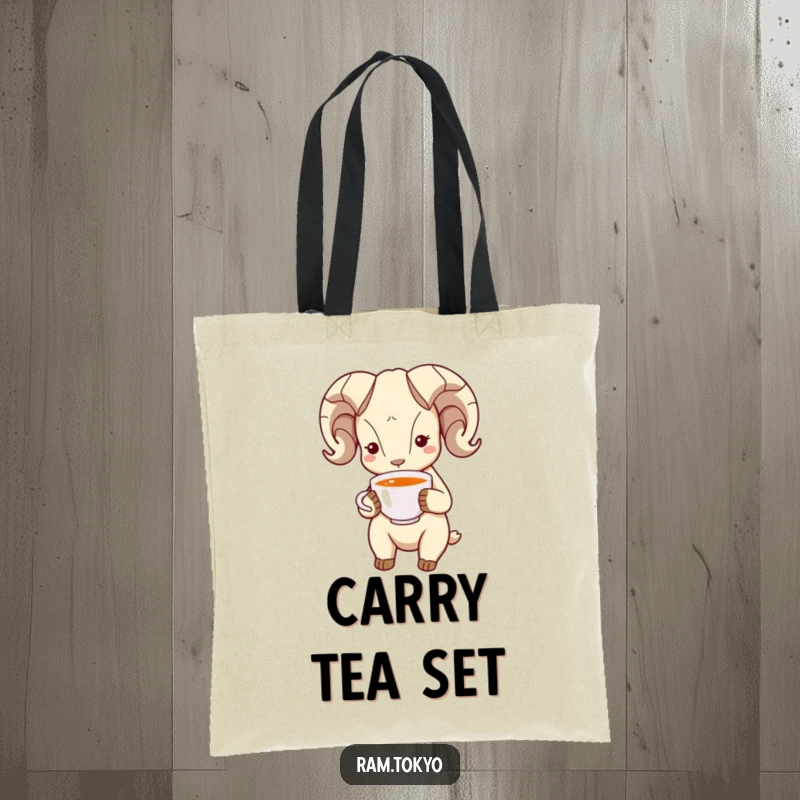 Funny Bowing Ram Tote Bag: Ram with simple dot eyes politely bowing and holding a tea cup, perfect for carrying essentials.