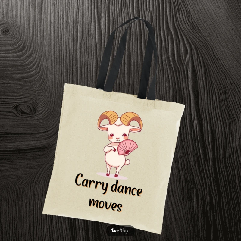 Funny Ram Fan Dance Tote Bag: A small ram with tiny legs elegantly performing a fan dance, ready to carry your items.
