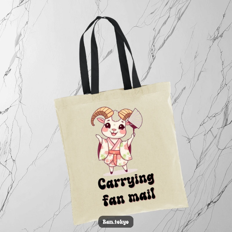Funny tote bag showcasing a happy ram in a floral kimono, playfully tossing a paper fan with artistic flair.